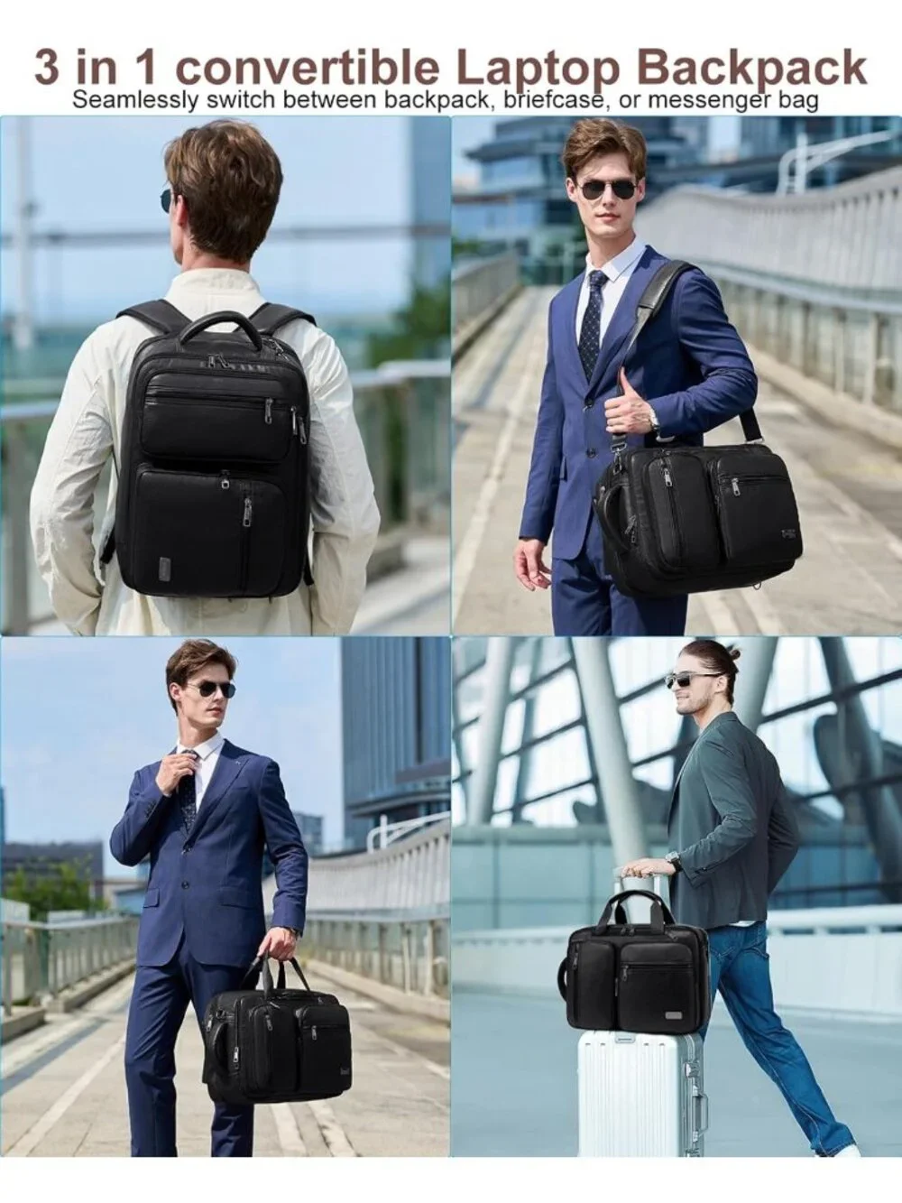 3-in-1 Vegan Leather Convertible Laptop Bag - Expandable Travel Backpack